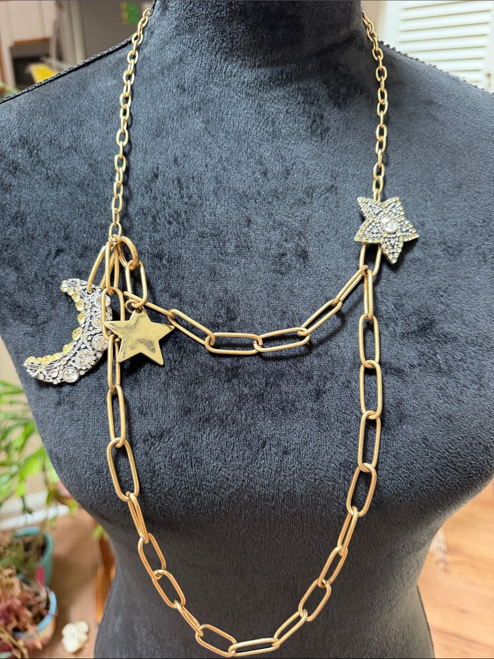 Brushed Gold-Tone Layered Star & Moon Pendant Necklace